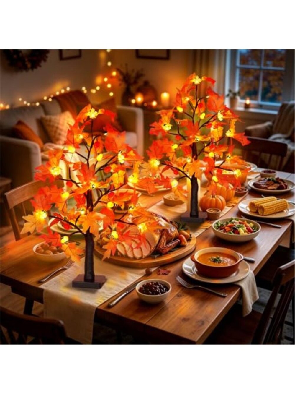2 Pack 24 Inch Maple Tree Fall Thanksgiving Table Decorations with 48LED - Picture 6 of 6